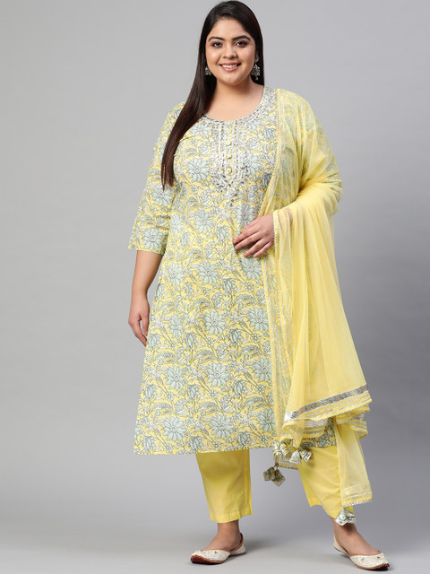 

Divena Women Plus Size Yellow Floral Printed Cotton Kurta with Trousers & With Dupatta