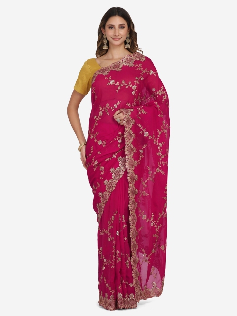 

BOMBAY SELECTIONS Magenta & Gold-Coloured Floral Beads and Stones Organza Banarasi Saree