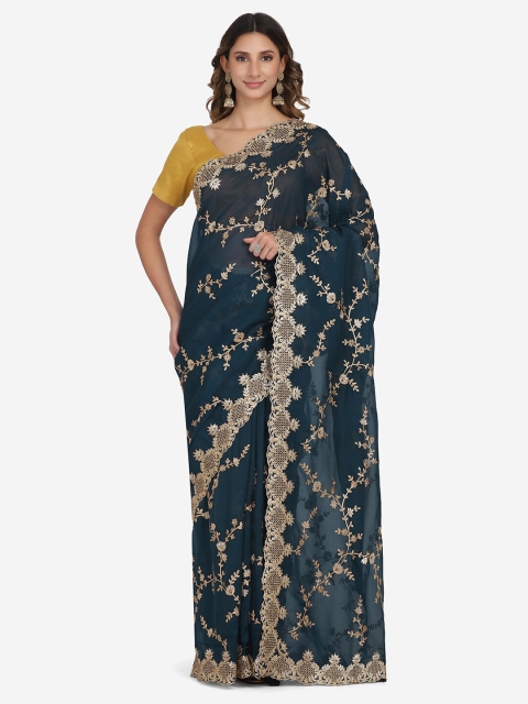 

BOMBAY SELECTIONS Blue & Gold Floral Embroidered Organza Banarasi Saree