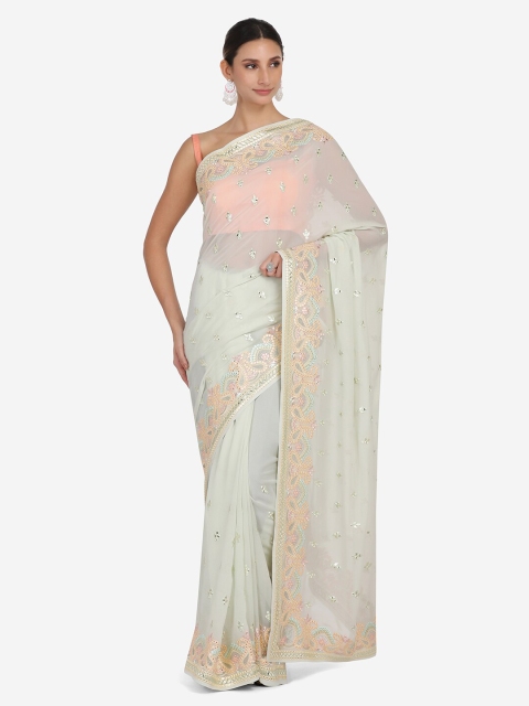 

BOMBAY SELECTIONS Green Ethnic Motifs Embellished Poly Georgette Saree