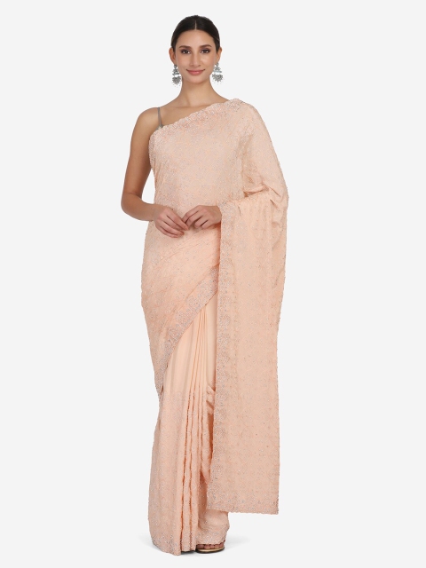 

BOMBAY SELECTIONS Peach-Coloured Floral Beads and Stones Embroidered Saree