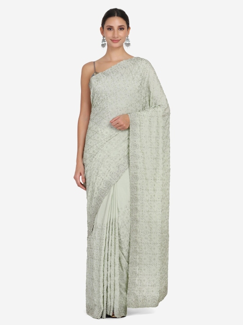 

BOMBAY SELECTIONS Sea Green & Silver Embellished Beads and Stones Saree