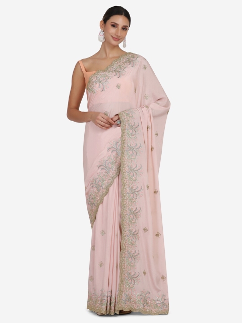 

BOMBAY SELECTIONS Pink & Silver-Toned Floral Embroidered Saree