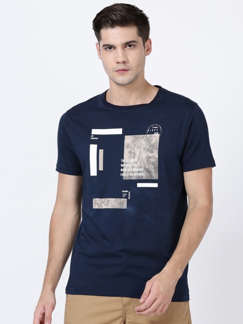 

t-base Men Navy Blue & White Printed Slim Fit Round Neck T-shirt