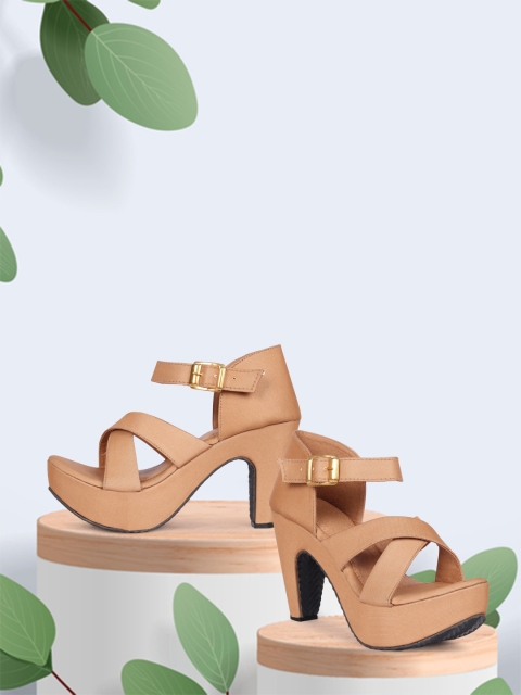 

ZAPATOZ Beige PU Party Block Sandals with Buckles