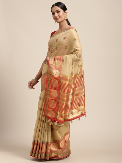 

Mitera Beige & Gold-Toned Ethnic Motifs Zari Silk Cotton Chanderi Saree