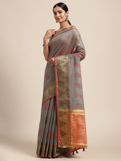 

Mitera Grey Ethnic Motifs Zari Silk Cotton Chanderi Saree