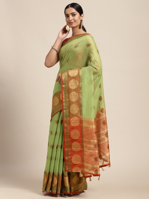 

Mitera Olive Green Woven Design Silk Cotton Chanderi Saree