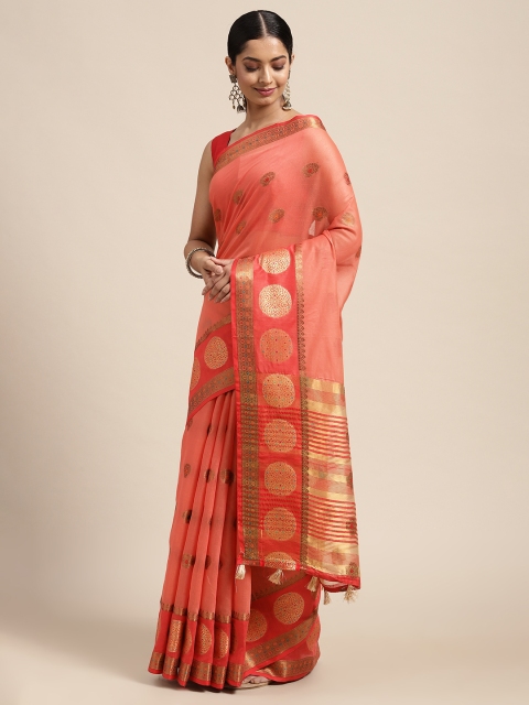 

Mitera Pink & Gold-Toned Ethnic Motifs Zari Silk Cotton Chanderi Saree