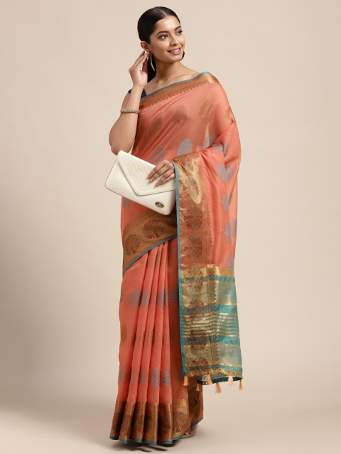 

Mitera Coral & Blue Ethnic Motifs Silk Cotton Chanderi Saree