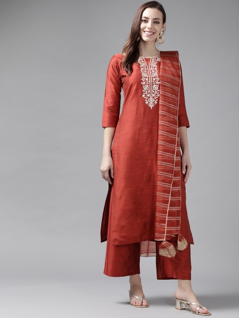 

Indo Era Women Rust Orange Embroidered Chanderi Silk Kurta with Palazzos & Dupatta