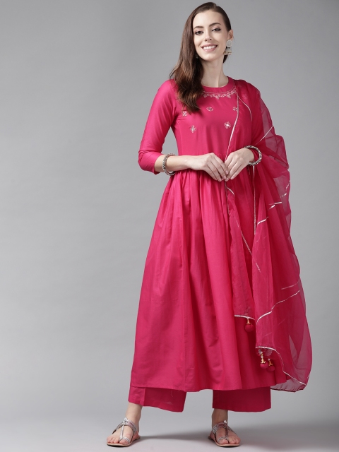 

Indo Era Women Pink Floral Embroidered Empire Kurta with Palazzo & With Dupatta