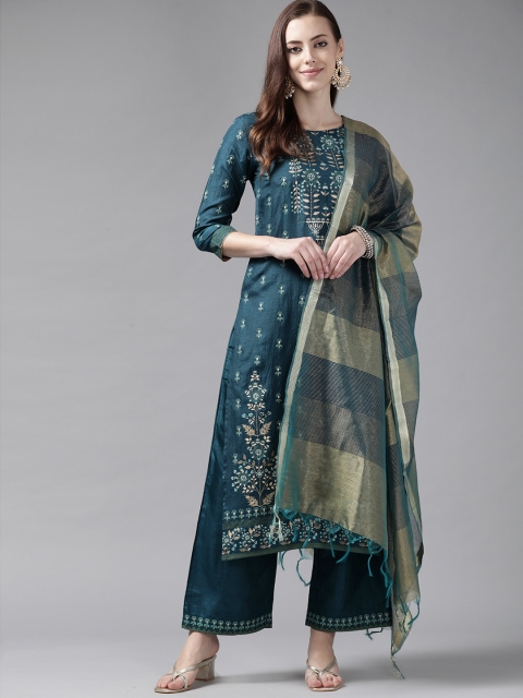 

Indo Era Women Teal Green Ethnic Motifs Printed Kurta with Palazzos & Dupatta