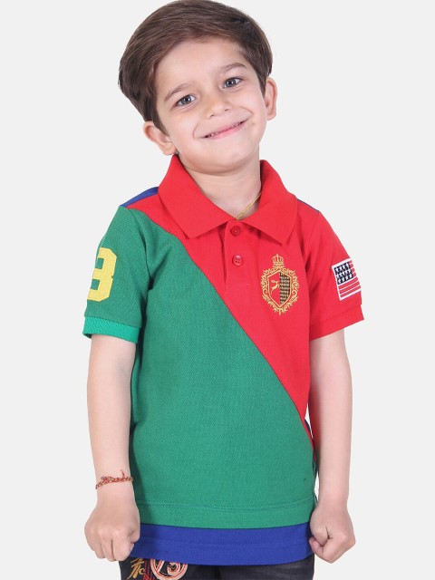 

KEPA Boys Green & Red Colourblocked Polo Collar Applique T-shirt