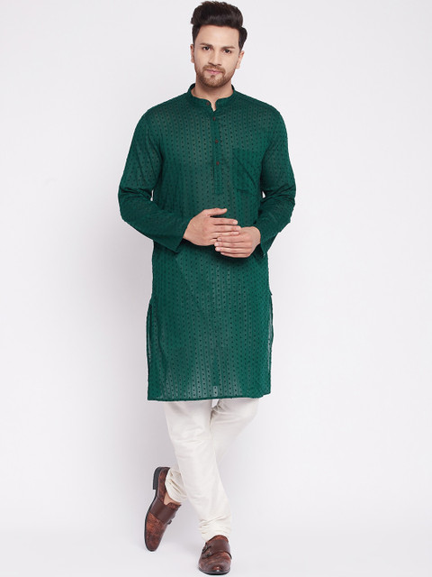 

even Men Green Striped Thread Work Kurta