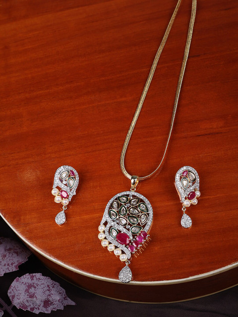 

ANIKAS CREATION Woman Gold-Plated American Diamond-Studded Partywear Jadau Pendant Set, Multi