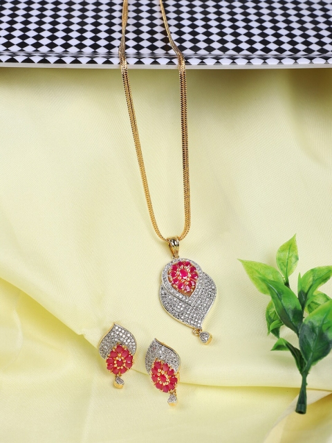 

ANIKAS CREATION Pink Gold-Plated American Diamond-Studded Jadau Jewellery Set