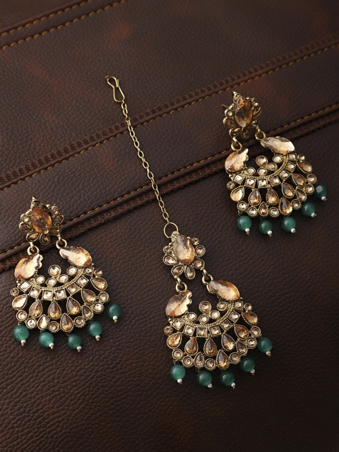 

ANIKAS CREATION Gold-Toned & Green Stone Studded & Beaded Maang Tika & Earrings Set