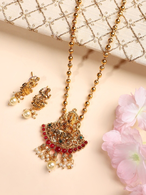 

ANIKAS CREATION Gold-Plated Goddess Laxmi Crystal Studded Temple Jewellery Set