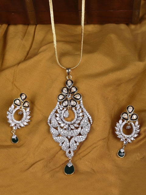 

ANIKAS CREATION Gold-Plated American Diamond-Studded Jadau Pendant Set