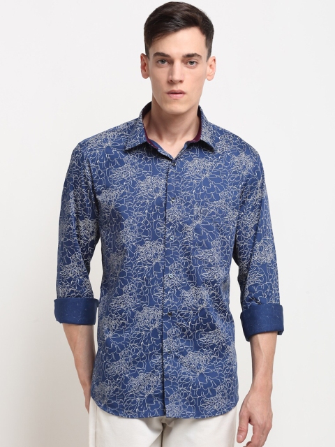 

La Mode Men Blue Slim Fit Floral Print Pure Cotton Party Shirt