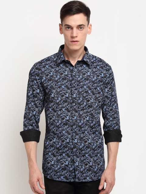 

La Mode Men Blue Slim Fit Floral Print Pure Cotton Party Shirt