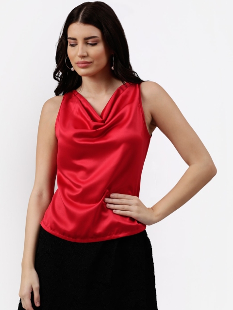 

NEUDIS Women Red Satin Solid Cowl Neck Sheen Regular Top