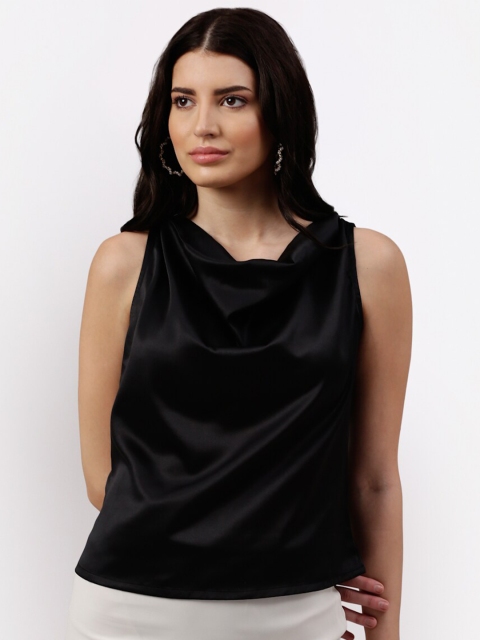 

NEUDIS Women Black Satin Solid Cowl Neck Sheen Regular Top