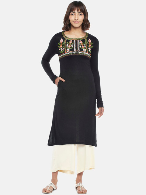 

RANGMANCH BY PANTALOONS Women Black Floral Embroidered Thread Work Kurta
