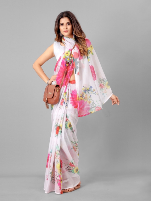 

SHOPGARB Women White & Pink Floral Printed Organza Saree