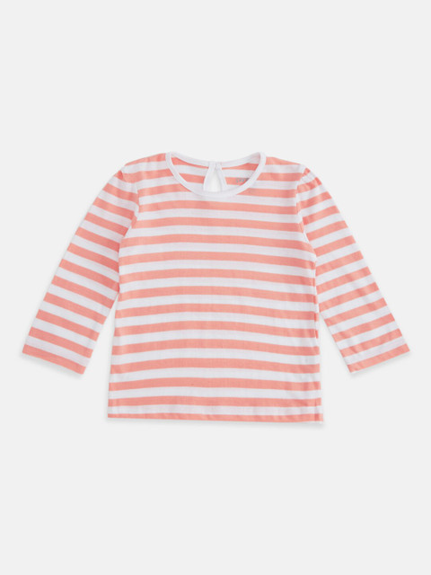 

Pantaloons Baby Girls Peach-Coloured Striped Pure Cotton T-shirt
