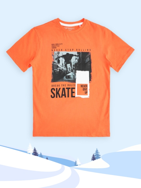

Pantaloons Junior Boys Orange Printed Pure Cotton T-shirt