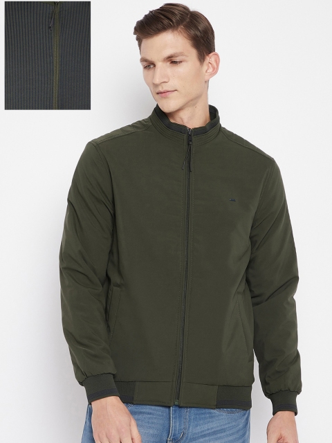 

Okane Men Olive Green & Navy Blue Reversible Bomber Jacket