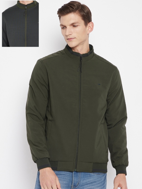 

Okane Men Olive Green & Navy Blue Reversible Bomber Jacket