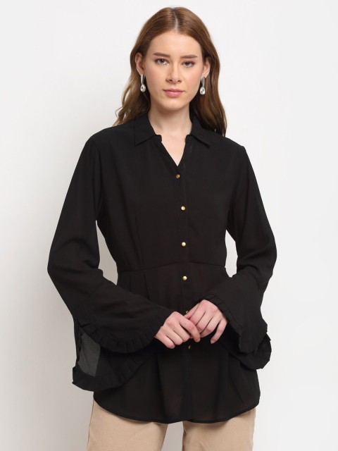 

Crozo By Cantabil Black Solid Bell Sleeve Cotton Shirt Style Top
