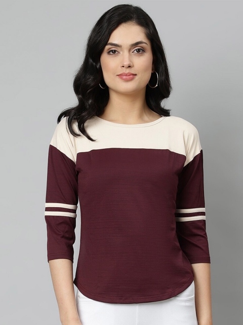 

OM SAI LATEST CREATION Burgundy & Off-White Colourblocked Drop Shoulder Sleeves Top