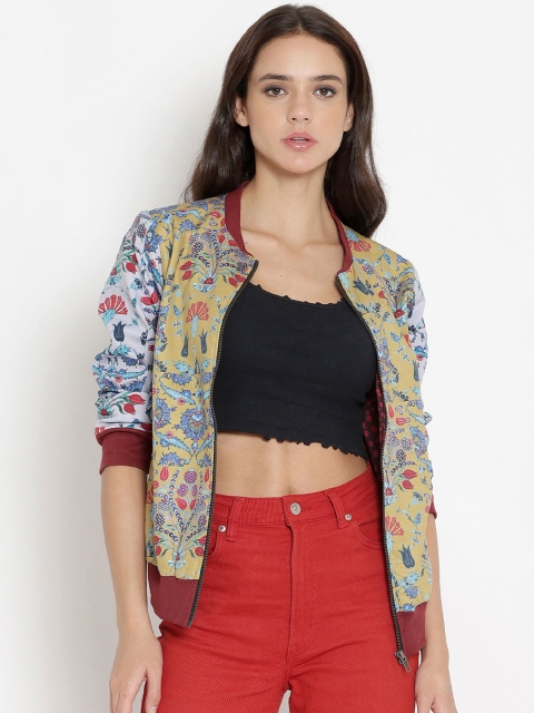 

SHAYE Women Mustard Yellow & Blue Floral Print Bomber Jacket