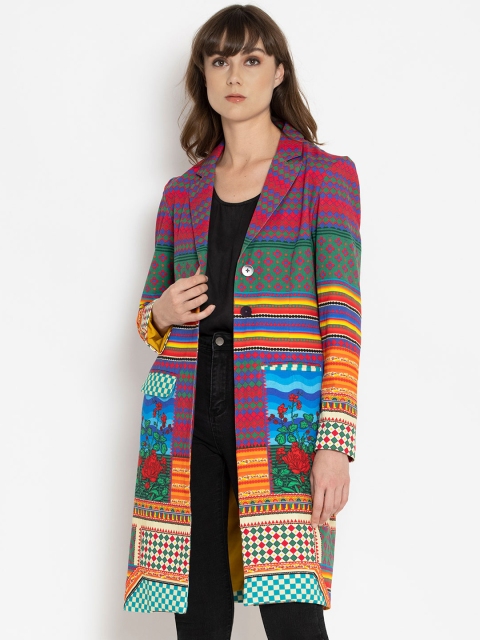 

SHAYE Women Multicoloured Floral Print Cotton Twill Longline Tailored Jacket, Multi