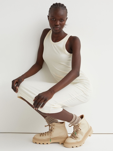 

H&M Women White Ribbed Jersey Dress