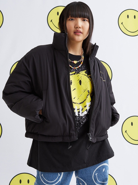 

H&M Women Black & Yellow Printed Short Puffer Jacket