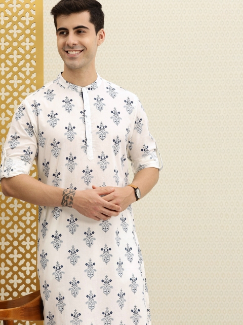 

House of Pataudi Men White Ethnic Motifs Printed Pure Cotton Kurta with Trousers