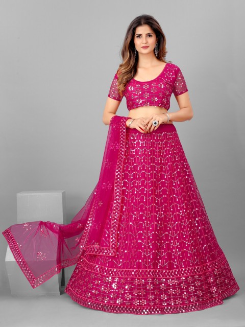 

SHOPGARB Pink & Steel Embellished Mirror Work Semi-Stitched Lehenga & Unstitched Blouse With Dupatta