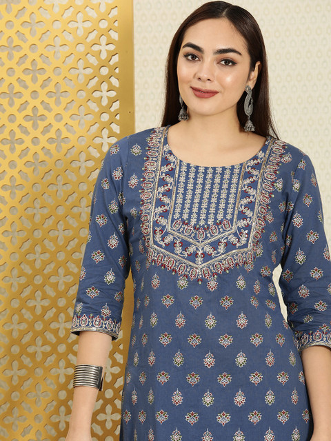 

House of Pataudi Women Blue & Maroon Floral Printed Thread Work Rozana Kurta