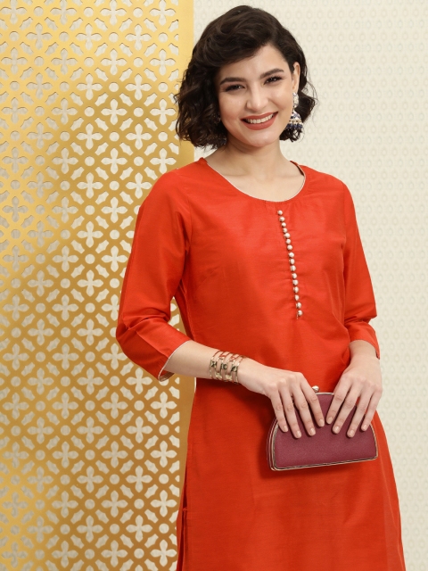 

House of Pataudi Women Orange Jashn Kurta with Trousers
