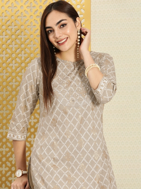 

House of Pataudi Women Beige & White Floral Printed Mirror Work Rozana Kurta