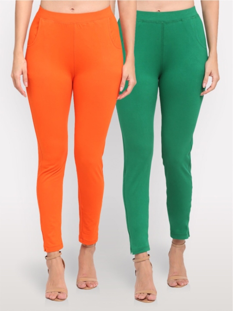 

NEUDIS Women Pack of 2 Orange & Green Ankle Length Jeggings