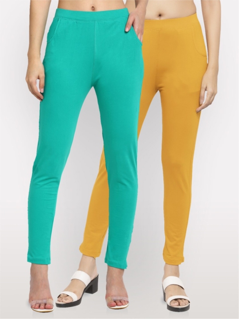 

NEUDIS Women Set of 2 Teal Green & Mustard Ankle Length Jeggings