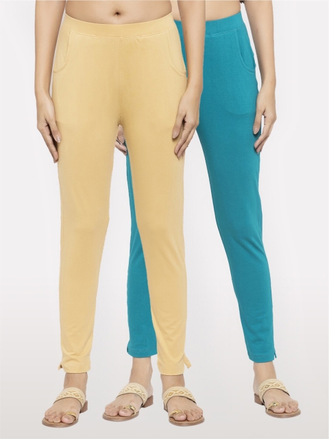 

NEUDIS Women Pack Of 2 Teal & Beige Cotton Ankle Length Jeggings