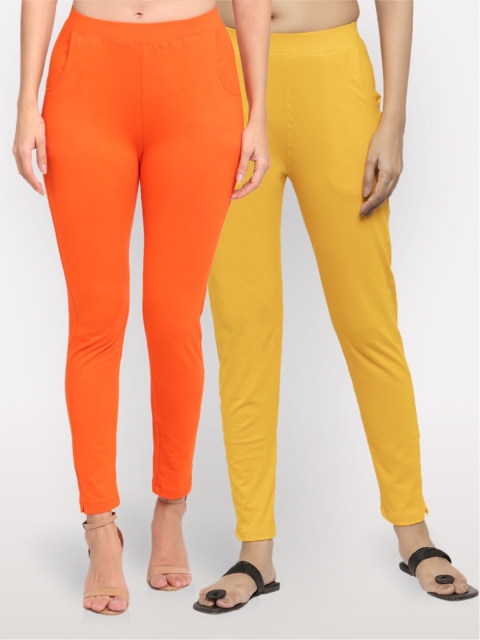 

NEUDIS Women Set of 2 Orange & Yellow Cotton Lycra Ankle Length Jeggings