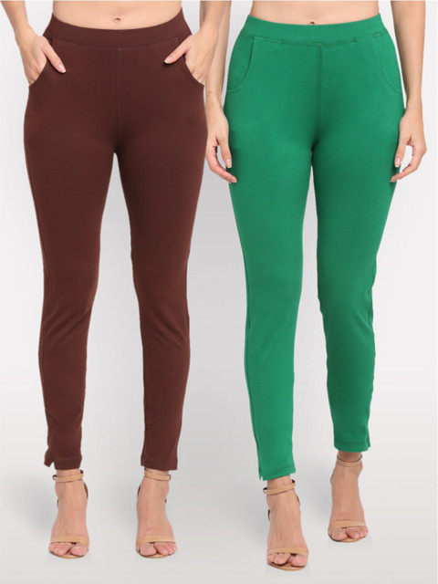 

NEUDIS Women Set of 2 Brown & Green Solid Ankle Length Jeggings
